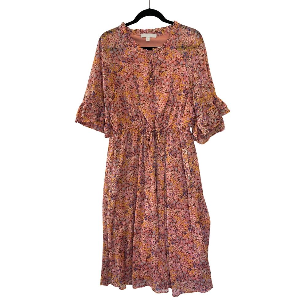 Adyson Parker Floral Midi Dress Cottage XL Ruffle Bell Sleeve V-Neck Flowy Pink